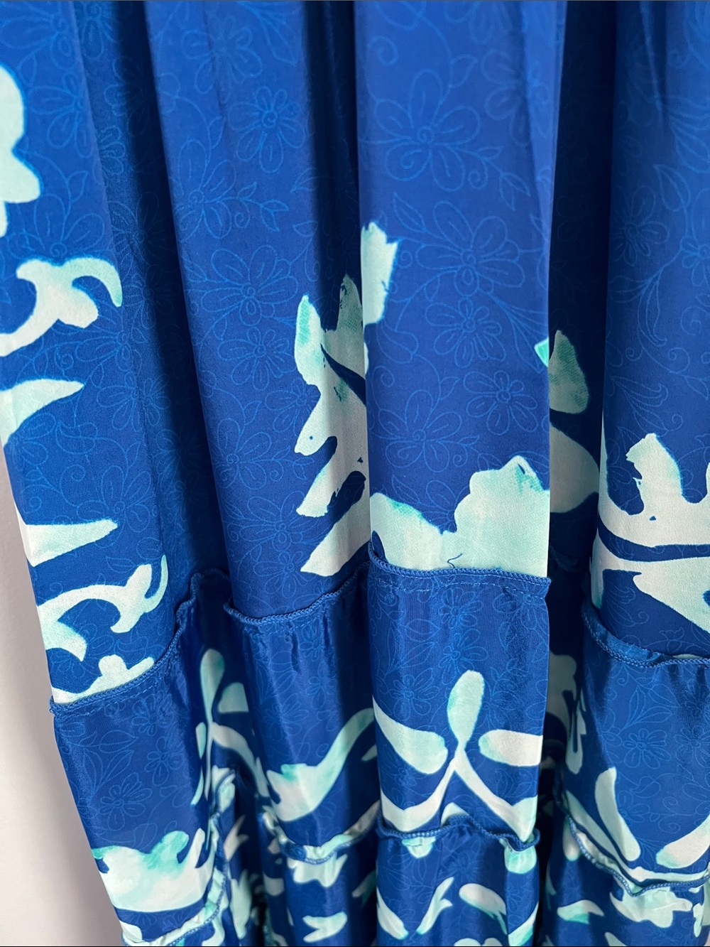 Nauria | Silk Blue Aqua Tropical Floral Ruffle Womenâs Maxi Dress NWT One Size - Picture 8 of 17